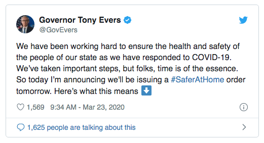 evers tweet - Губернатор штата приказал закрыть все не жизненно важные бизнесы